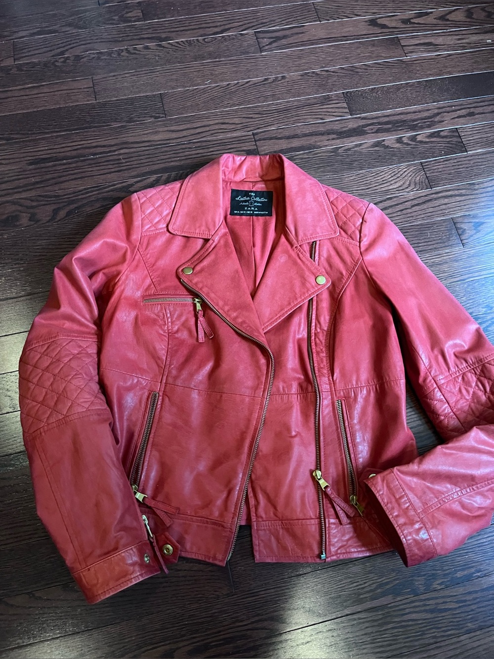 Zara TRF Crimson Red Quilted Leather Moto Jacket ladies M